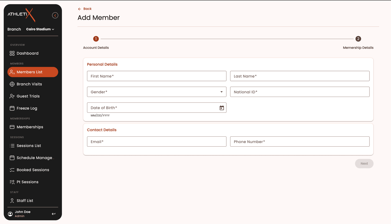 Athletix admin app — the Add Member form, step one of two, collecting first and last name, gender, national ID, date of birth, email and phone before the membership details step