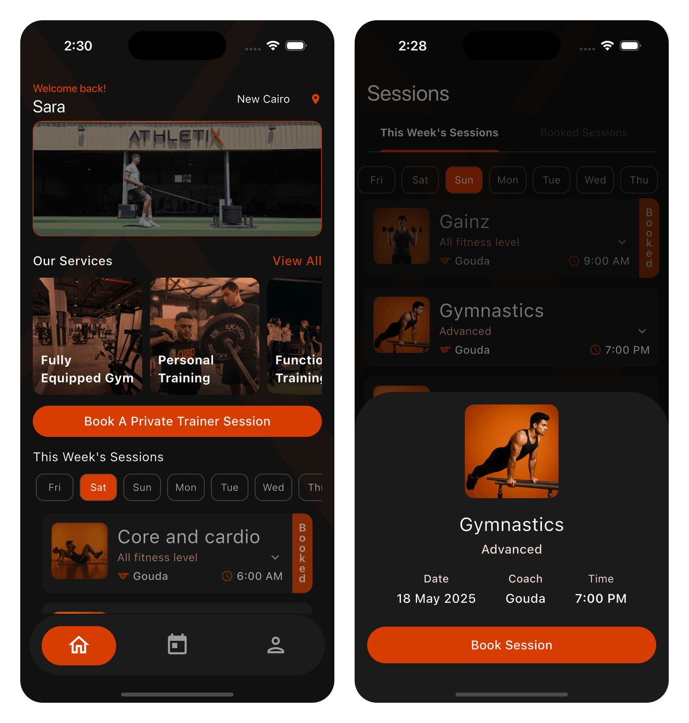 Athletix member app on iPhone — the home screen greeting a member at the New Cairo branch with services and this week's sessions, beside the booking sheet for an advanced gymnastics class showing date, coach and time above a Book Session button