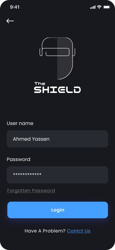 The Shield mobile app — login flow into the field-engineer companion